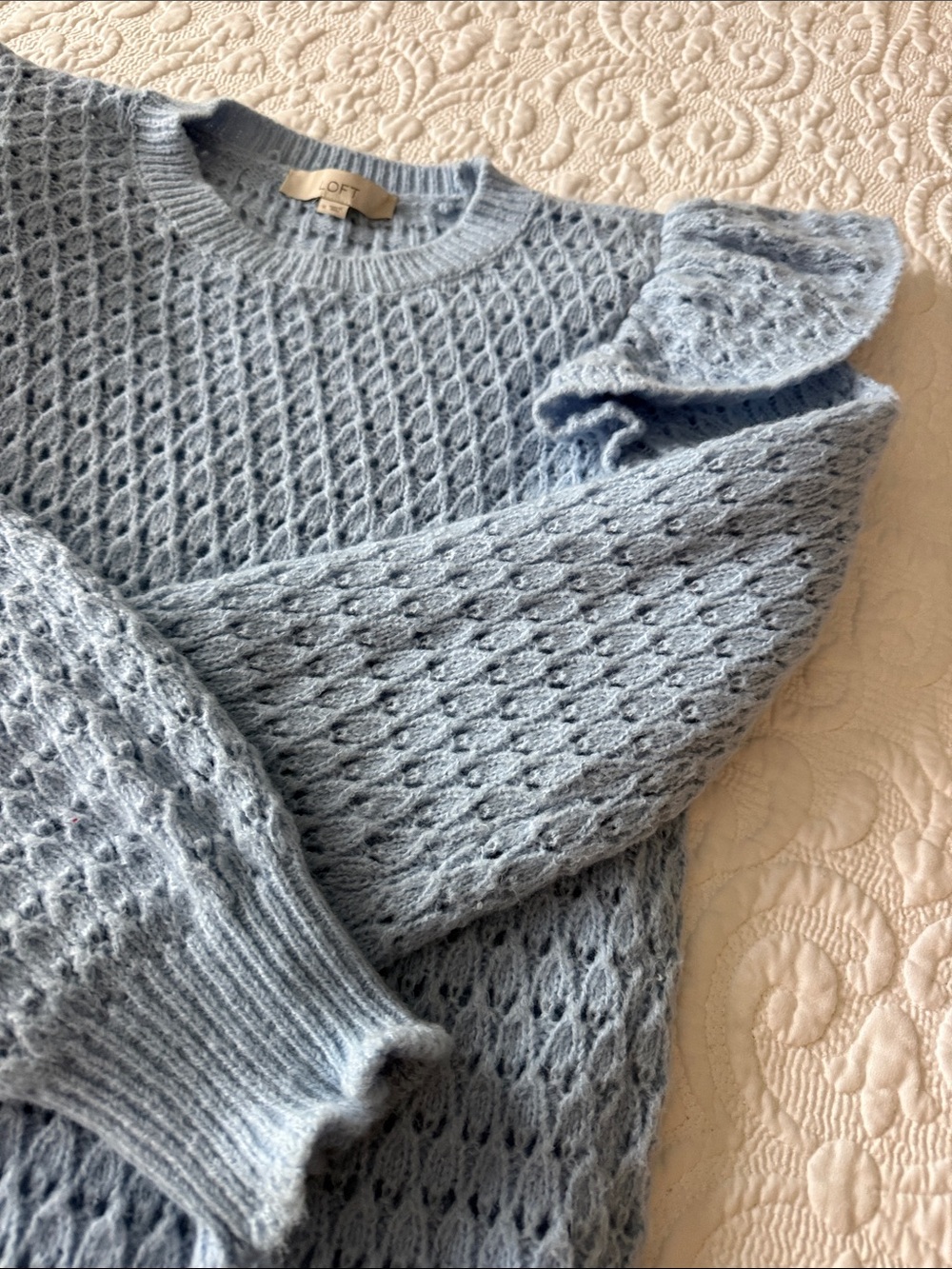 LOFT Sky Blue Open-Knit Ruffle Shoulder Sweater